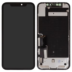 Дисплей для iPhone 11, чорний, з рамкою, Оригінал переклеєне скло , з пластиками камери та давача наближення, LG version