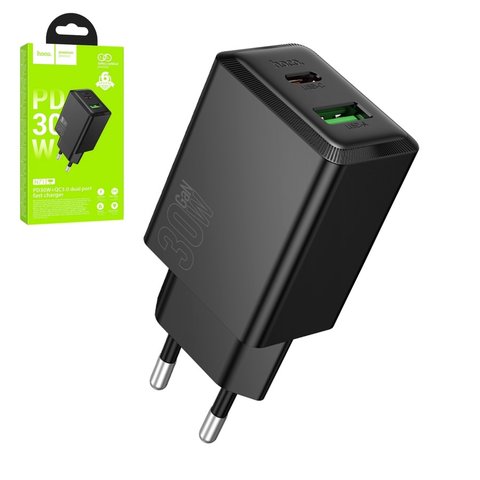 Мережевий зарядний пристрій Hoco N71, 30 Вт, Quick Charge, Power Delivery PD , чорний, 2 порта, gan, #6942007651370