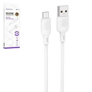 USB кабель Borofone BX113, USB тип A, micro USB тип B, 100 см, 2,4 А, білий, #6941991115424