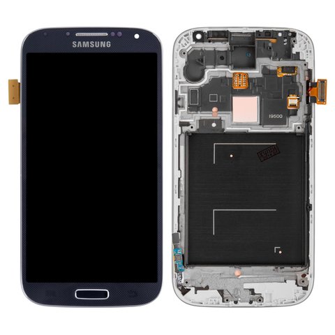 LCD compatible with Samsung I9500 Galaxy S4, dark blue, with frame, original change glass 