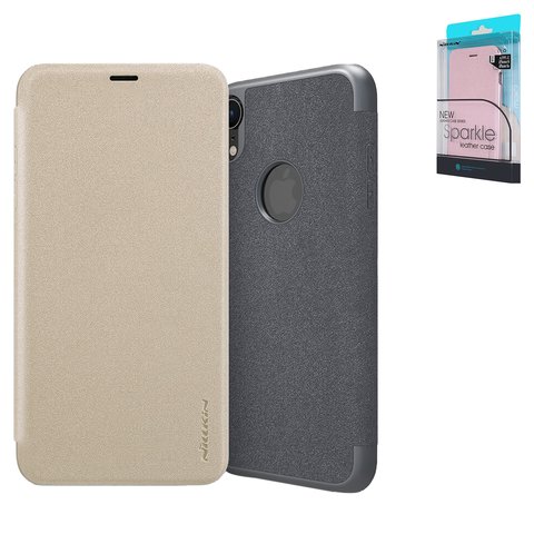 Case Nillkin Sparkle laser case compatible with iPhone XR, golden, with logo hole, flip, PU leather, plastic  #6902048164673