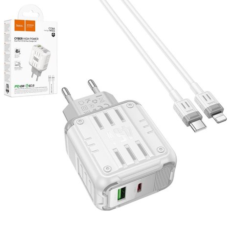 Сетевое зарядное устройство Hoco C136A, 45 Вт, Power Delivery PD , белый, c кабелем USB тип C к Lightning для Apple, 2 порта, #6942007627290